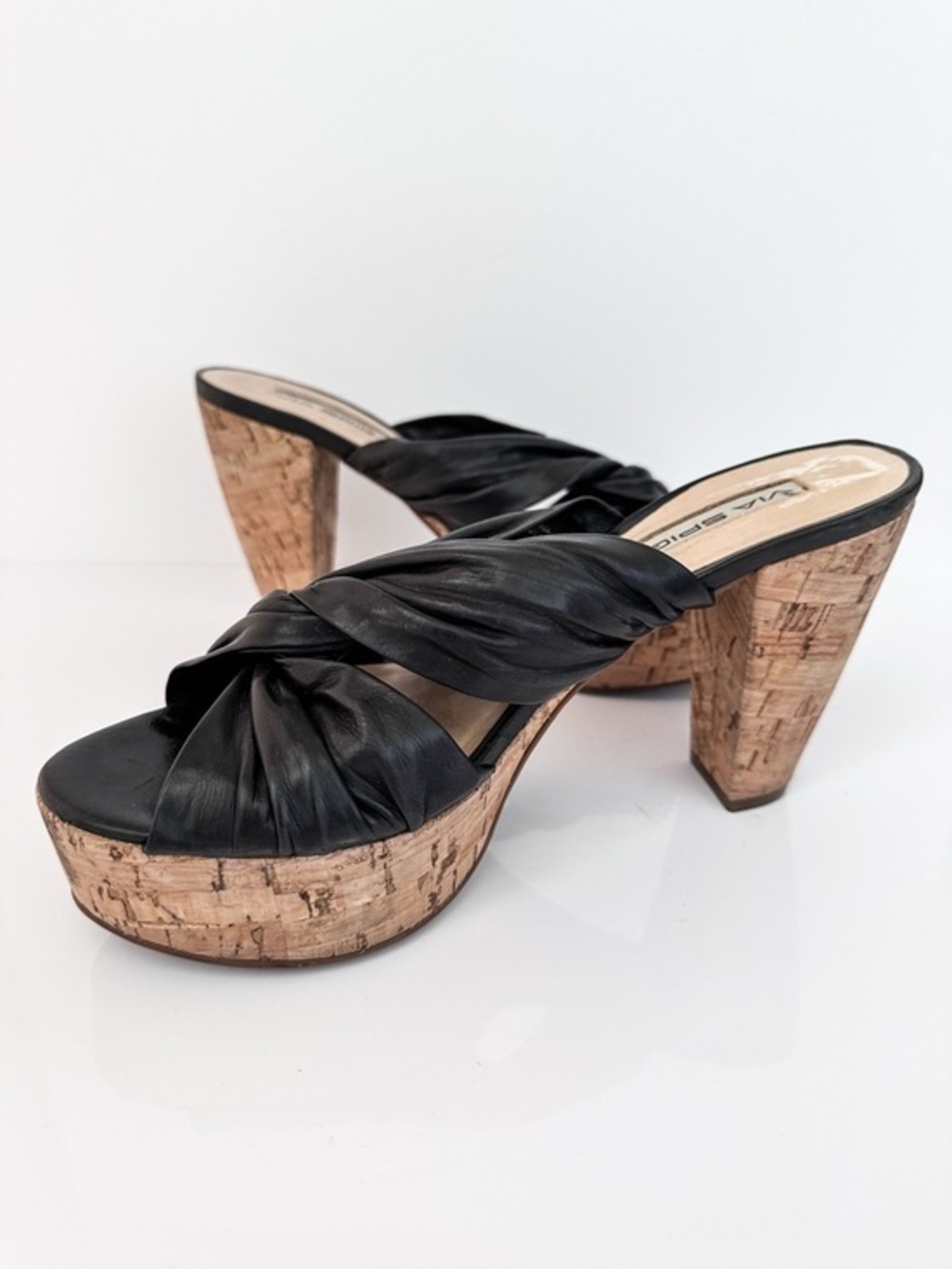 Via Spiga Black Leather Cork Platform Mule Sandal Twisted Leather Strap Size 9